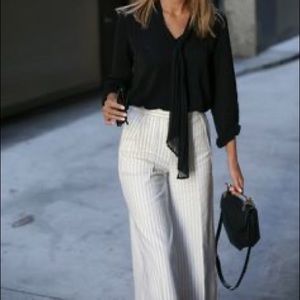 High Waisted Linen-Blend Pinstripe Wide Leg Pant